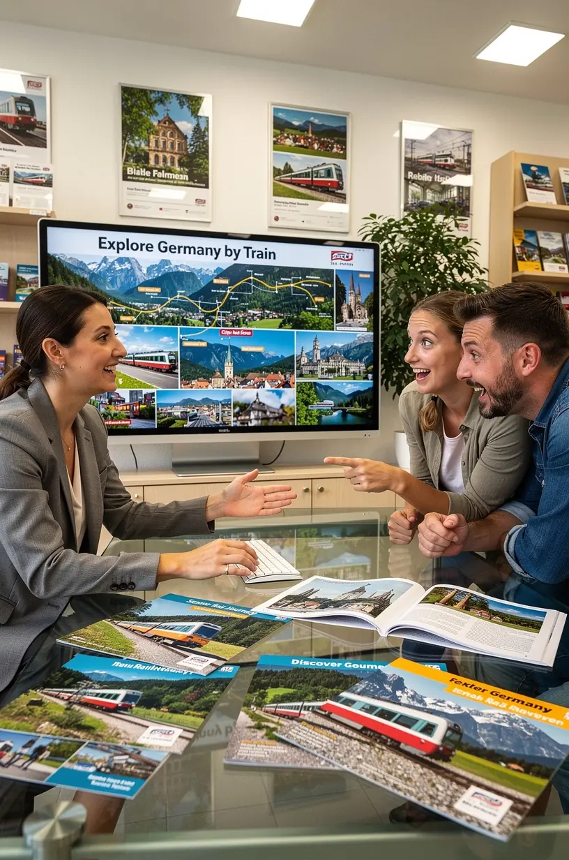 Ansicht eines stilvollen Reisebüros mit Informationsmaterialien über Zugreisen und touristische Highlights in Deutschland.