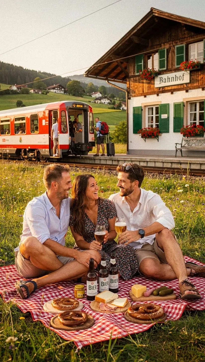 Zugfahrt durch eine malerische deutsche Stadt, sichtbar sind historische Gebäude und grüne Parkanlagen entlang der Strecke.