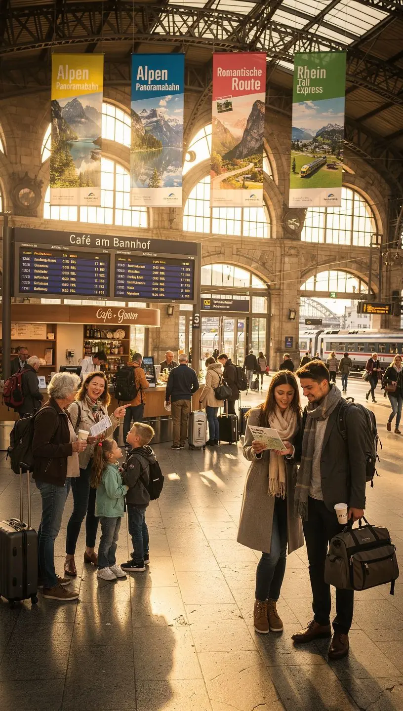 Beratungssituation in einem hellen Studio, in der ein Experte einem Reisenden detaillierte Zugfahrpläne erklärt.
